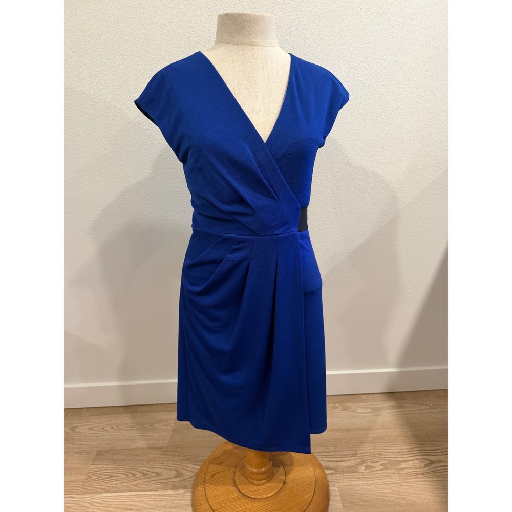 ABS Collection Royal Blue Faux Wrap Sheath Dress Black Waistband Small